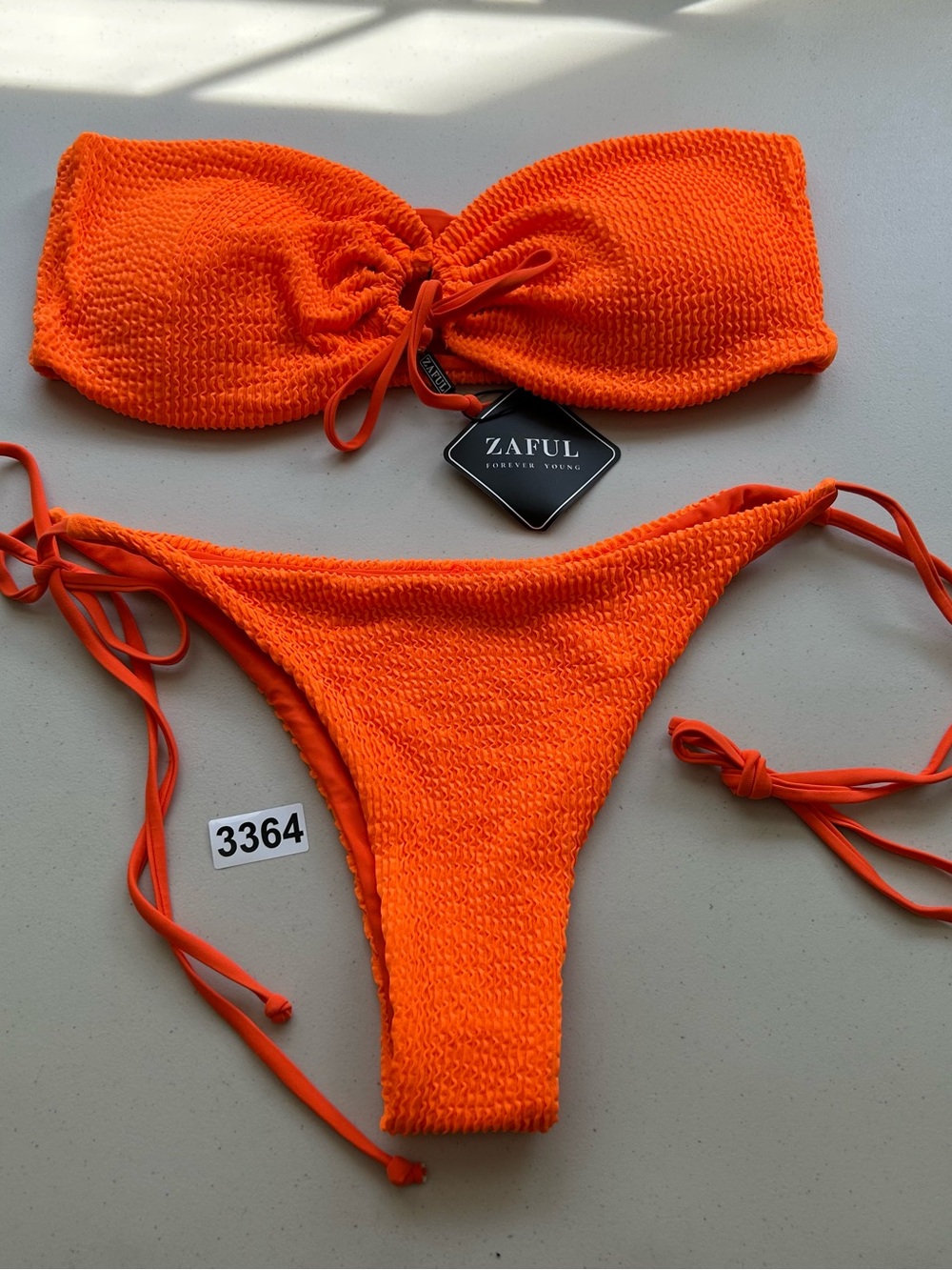Zaful Bikini Set Size 8 Orange Strapless Bandeau Top Tie Side Bottom New